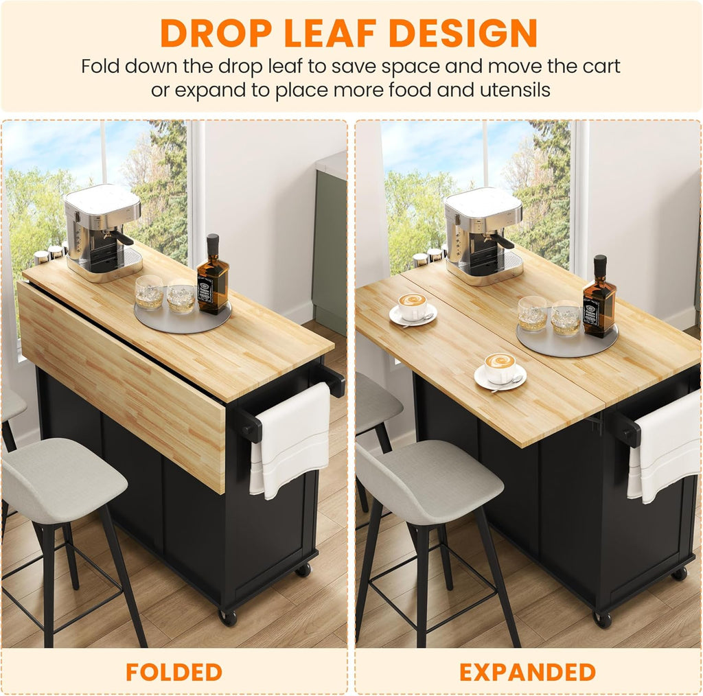 Yaheetech Kitchen Island Cart with Drop Leaf, Kitchen Breakfast Bar on 5 Universal Wheels with Storage Cabinet, Rubberwood Top, 3 Drawers, Spice Rack for Dining Room, 49W x 29.5D x 36H, Black