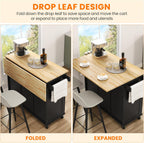 Yaheetech Kitchen Island Cart with Drop Leaf, Kitchen Breakfast Bar on 5 Universal Wheels with Storage Cabinet, Rubberwood Top, 3 Drawers, Spice Rack for Dining Room, 49W x 29.5D x 36H, Black