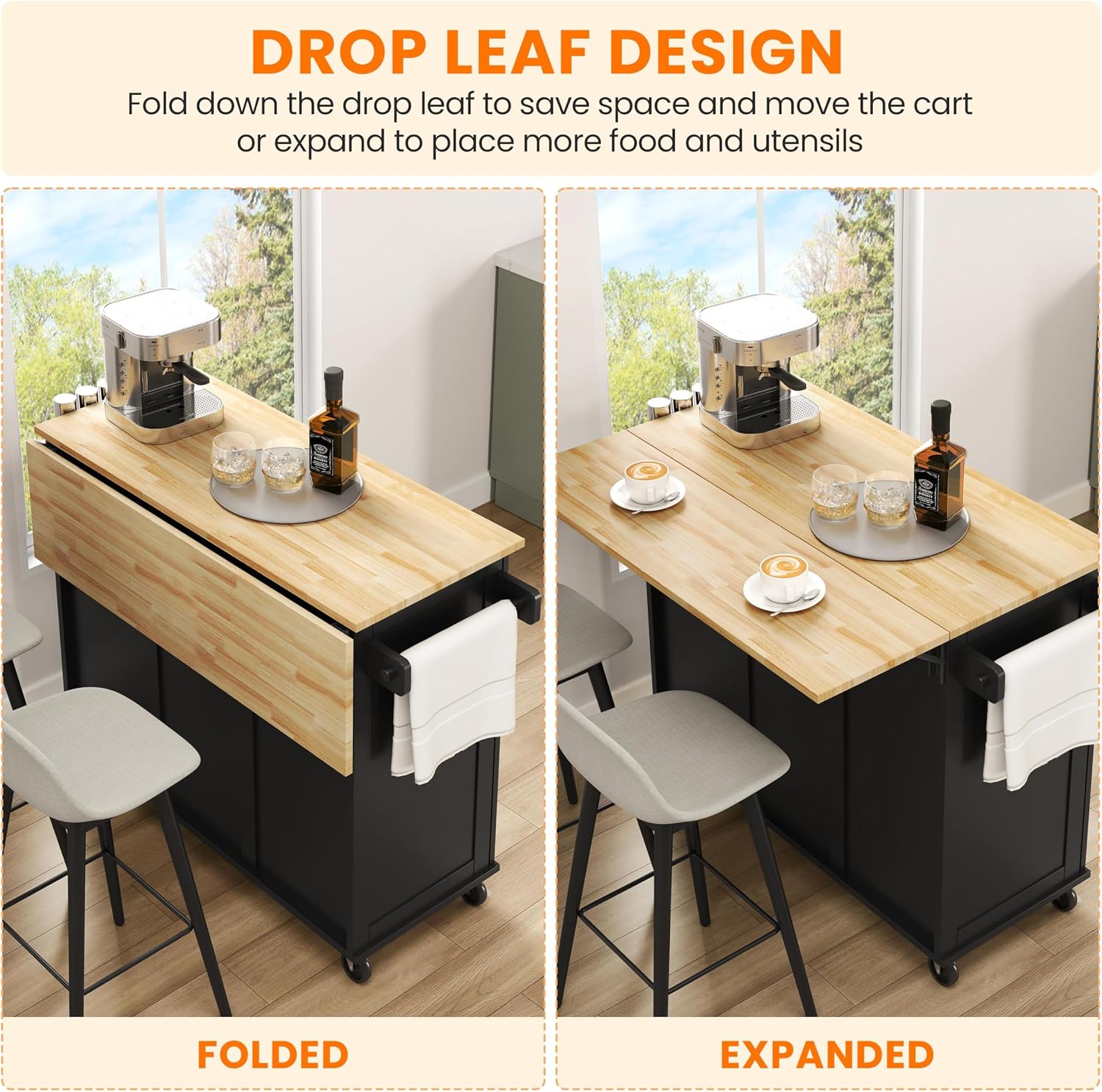 Yaheetech Kitchen Island Cart with Drop Leaf, Kitchen Breakfast Bar on 5 Universal Wheels with Storage Cabinet, Rubberwood Top, 3 Drawers, Spice Rack for Dining Room, 49W x 29.5D x 36H, Black
