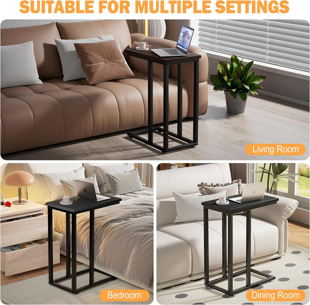 VECELO Universal C-Shaped Side Table, Multi-Functional Snack & TV Tray for Living Room, Bedroom, Black (2 Set)