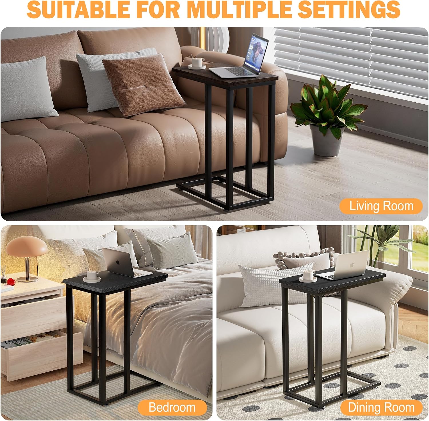 VECELO Universal C-Shaped Side Table, Multi-Functional Snack & TV Tray for Living Room, Bedroom, Black (2 Set)