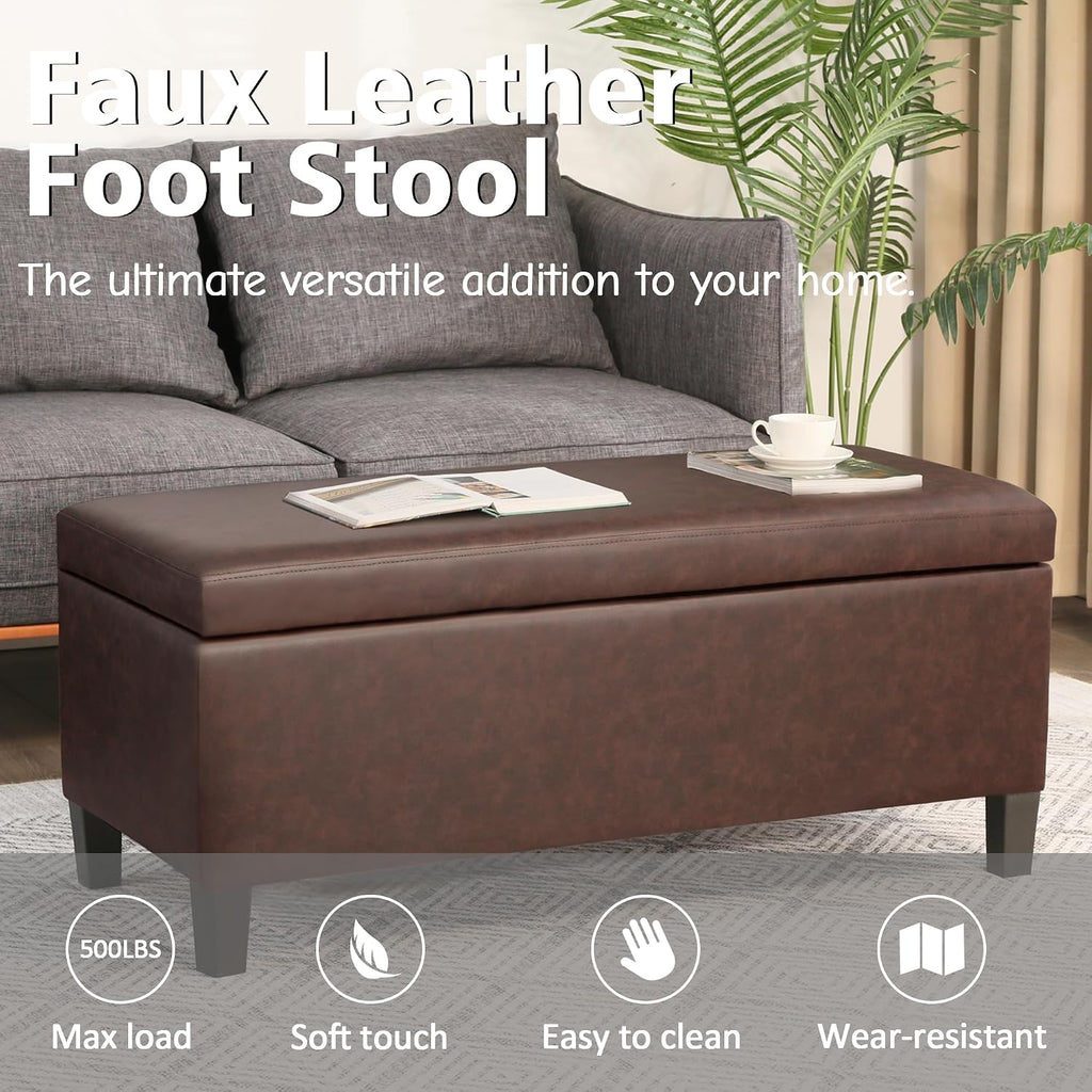 Homebeez 42 Inch Faux Leather Storage Ottoman Bench with Lift Top, Modern Rectangular Foot Rest for Living Room, Bedroom, Entryway, End of Bed, Blackened Red