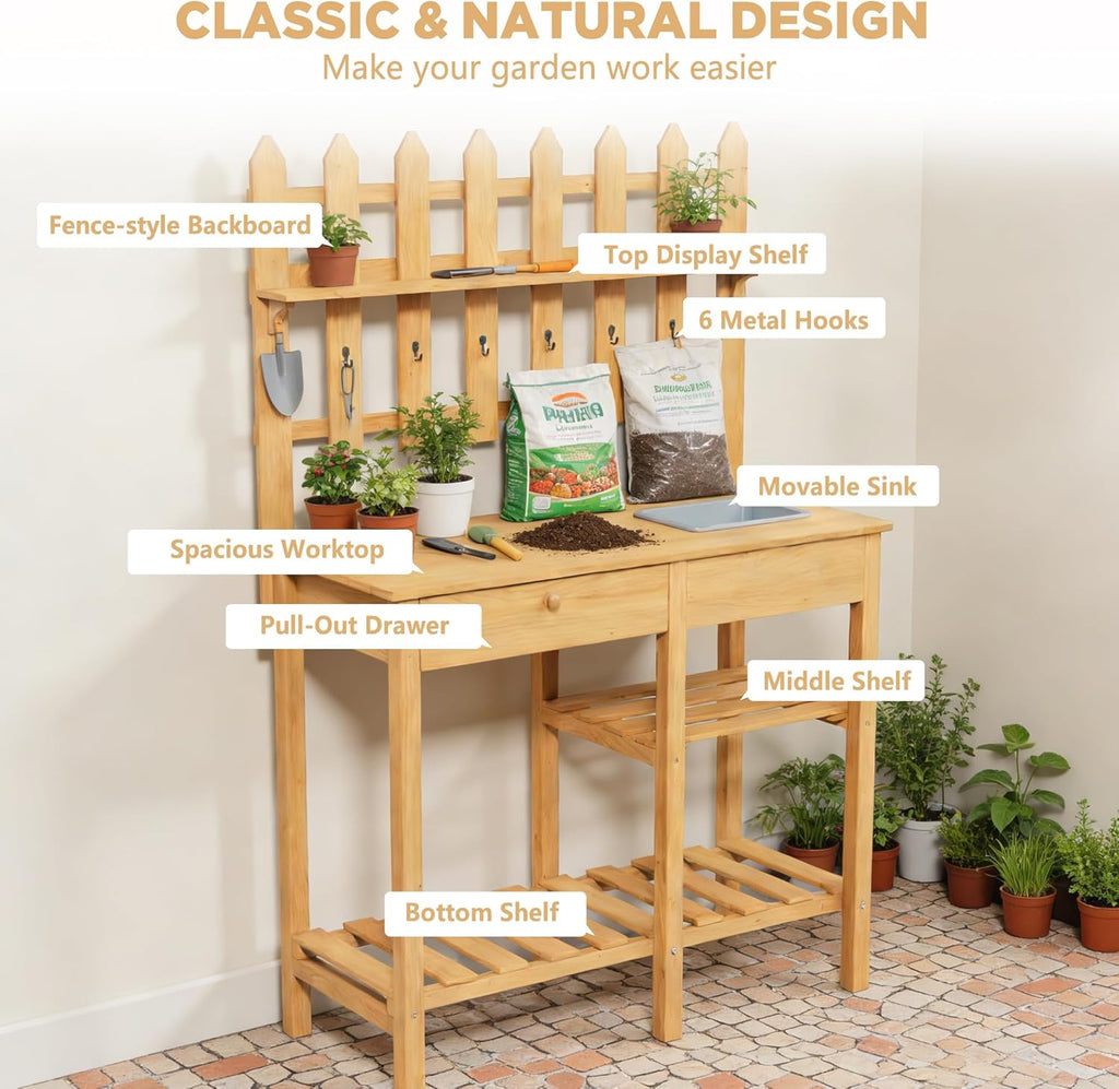 Outdoor Potting Bench, Wooden Potting Table with Built-in Sink, Drawer, Hooks & Storage Shelves – Large Gardening Bench for Outside Garden Workstation, Backyard Patio Balcony, Brown