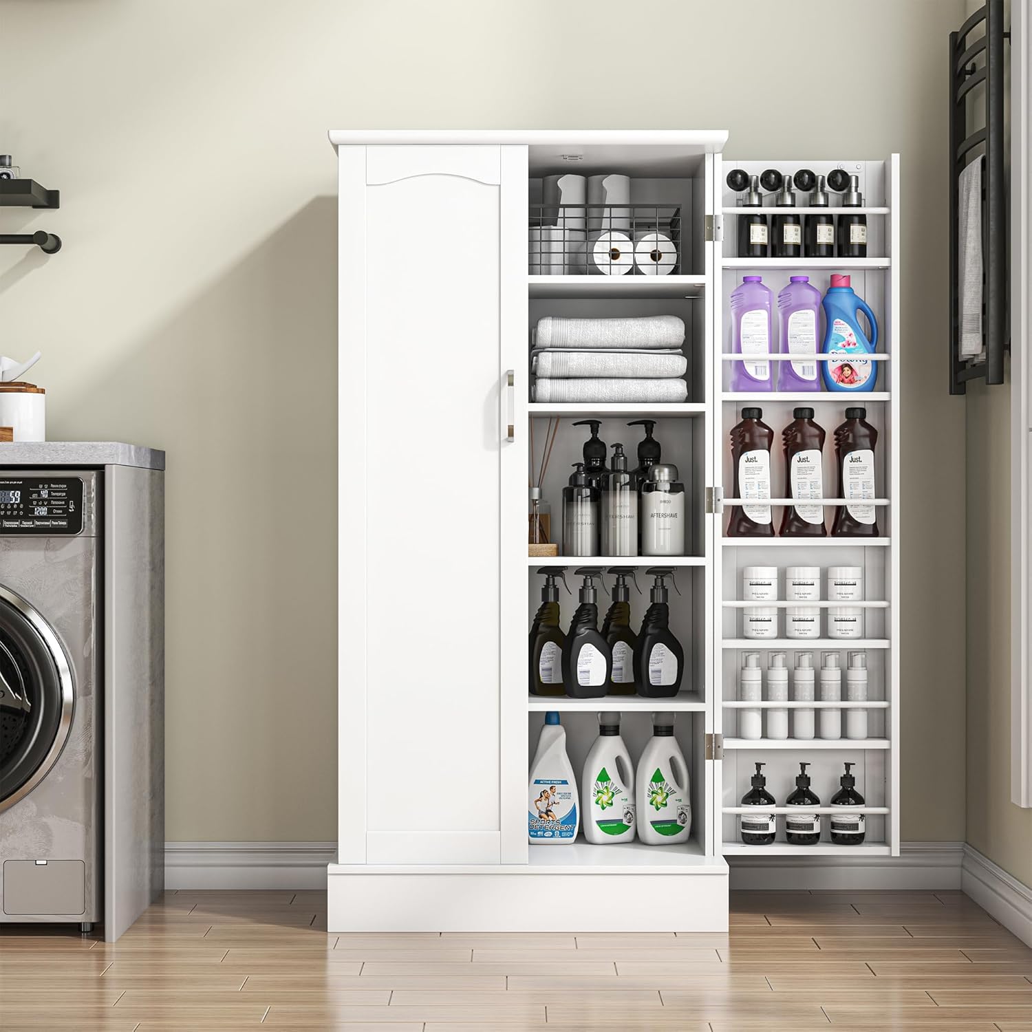 kepptory 47” Pantry Cabinet, Kitchen Pantry Storage Cabinet with Doors and Adjustable Shelves,Freestanding Buffet Cupboards Sideboard for Living Room and Dinning Room (White)