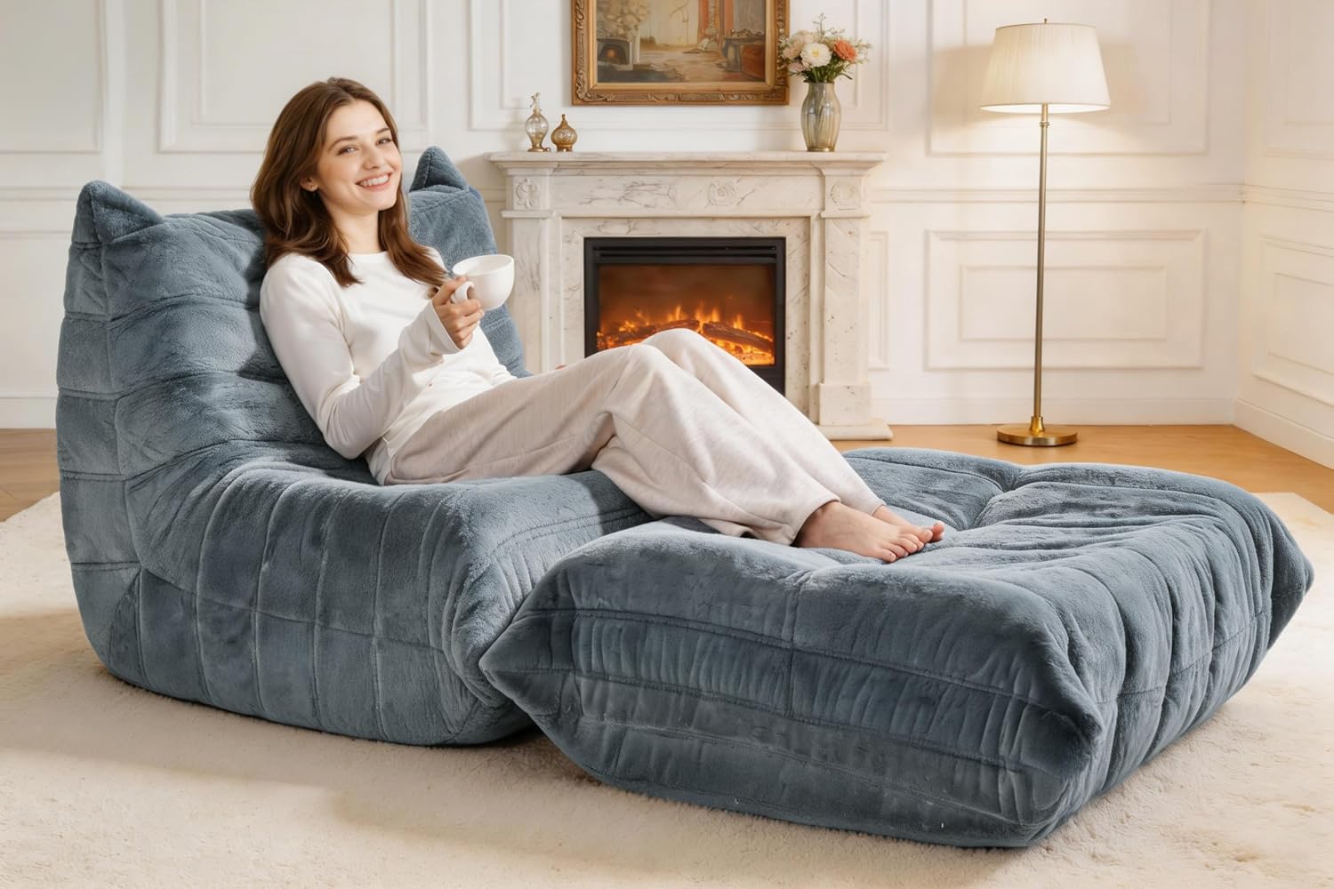 Bean Bag Pouf Ottoman, Foot Stool, Foot Rest with Memory Foam Filled, Rectangle Ottoman for Living Room, Bedroom, Office (Grey Plush)