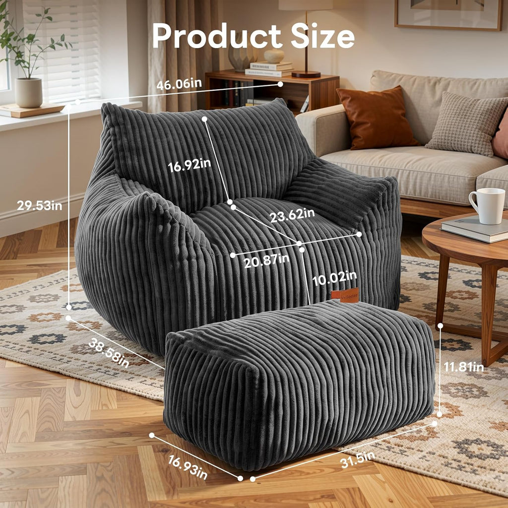 Giant Bean Bag Chair, Oversized Bean Bag Couch for Adults, Fluffy Corduroy BeanBag with Armrests & Ottoman for Living Room, Bedroom, Vacuum-Compressed for Gifting, 48h to Expand Dark Gray
