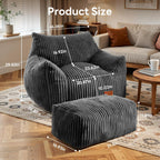 Giant Bean Bag Chair, Oversized Bean Bag Couch for Adults, Fluffy Corduroy BeanBag with Armrests & Ottoman for Living Room, Bedroom, Vacuum-Compressed for Gifting, 48h to Expand Dark Gray