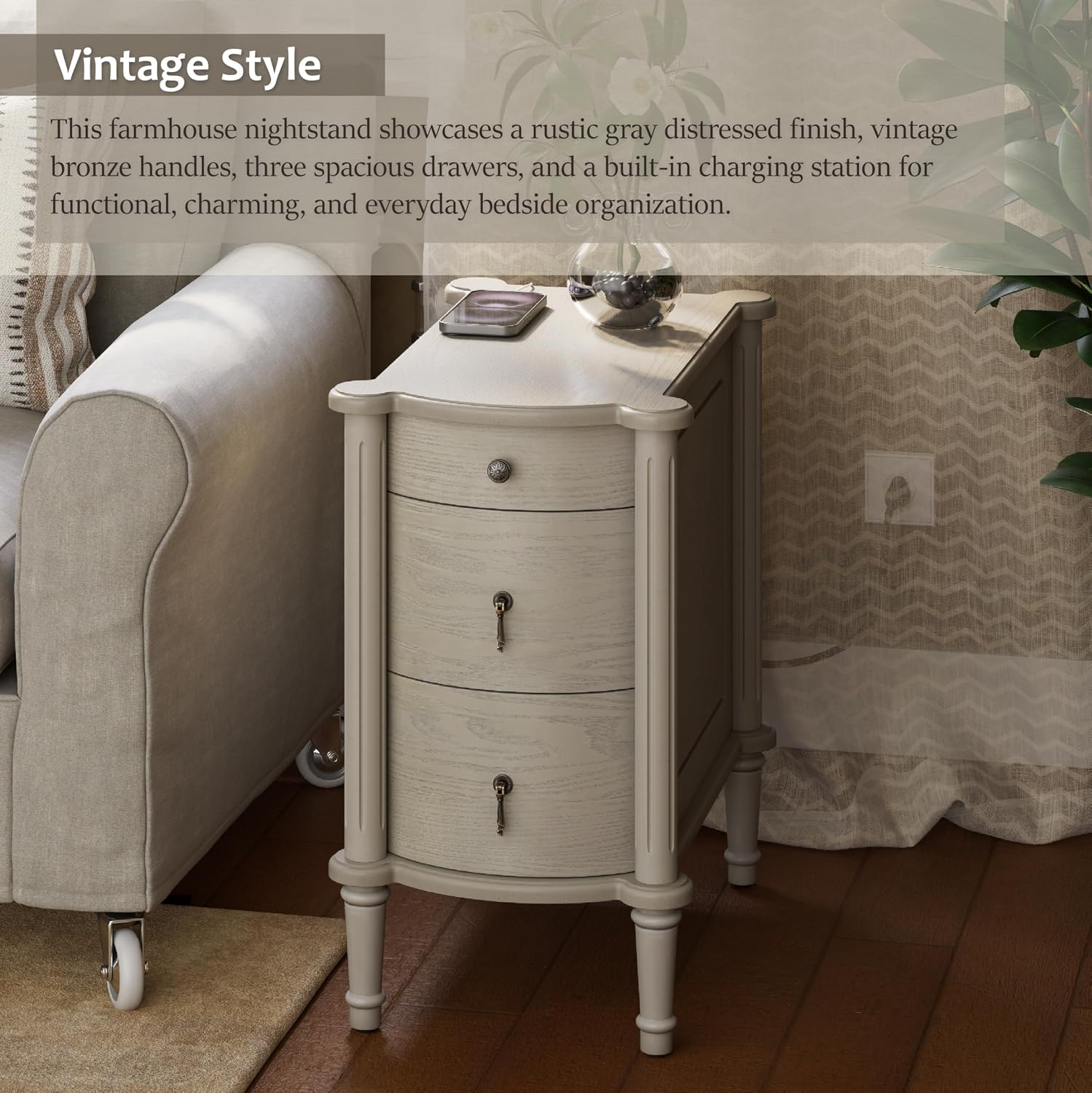 COZAYH Farmhouse 3 Drawer Nightstand with Charging Station, Bedside Table with Vintage Bronze Handles for Bedroom, Almost Fully Assembled, Solid Pine Legs, Distressed Finish, Rustic Gray