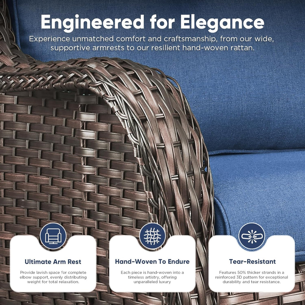 Belord Outdoor Swivel Chairs Set of 2,Patio Wicker Rocker Chairs,All Weather Patio Conversation Furniture Set, Ideal for Porch Balcony Deck Yard, Brown Wicker/Blue