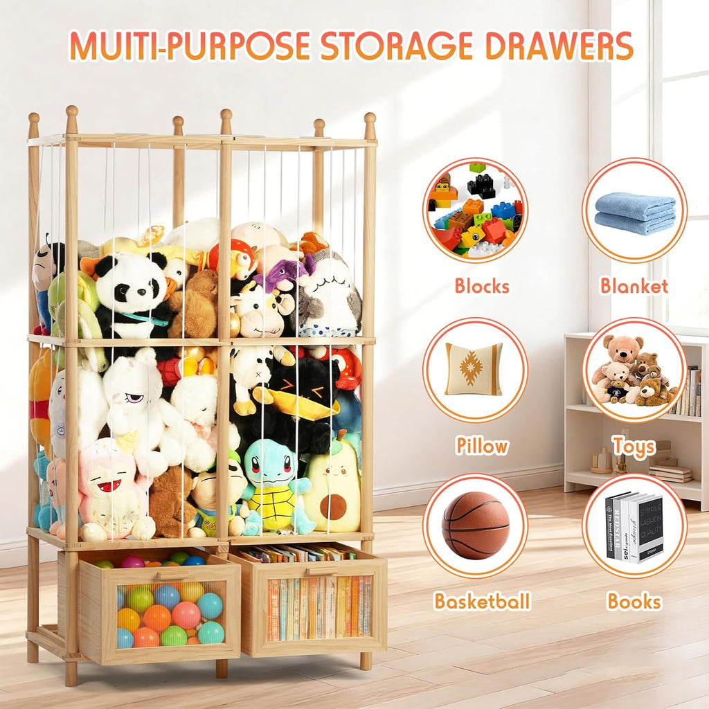 Stuffed Animal Storage with Two Wooden Drawers, 280L Extra Large Capacity Plush Toy Organizer Tower, Solid Wood Stuffed Animal Zoo Storage for Bedroom, Playroom&Home Organization