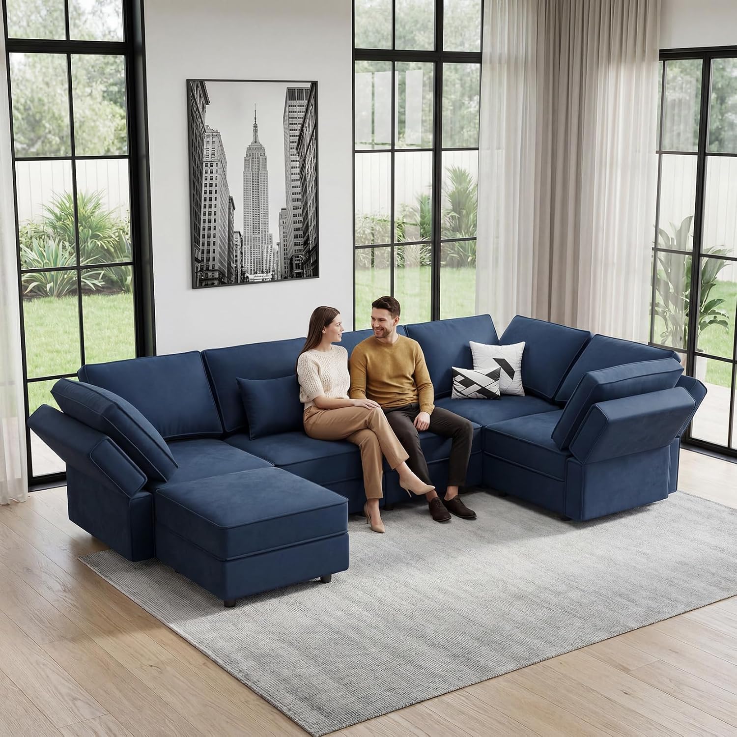 Vesgantti Sectional Couches with Storage Seats, 92" V Shaped Convertible Modular Sectional Sofa, 5 Seat & 1 Ottoman Velvet Storage Chaises Deep Seat Couch for Living Room, Bedroom, Apartment, Blue