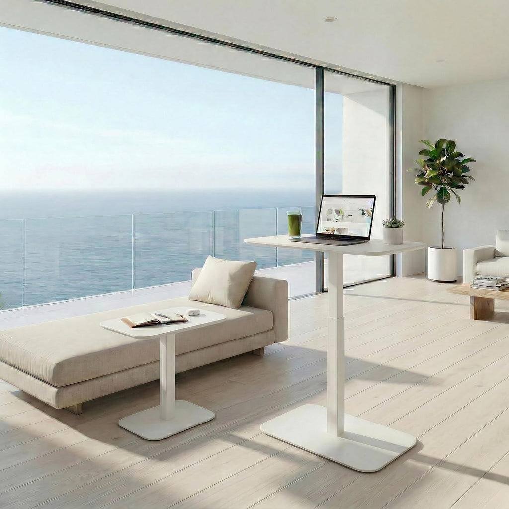 Ergohome™ ELEVANCE Table™ Height Adjustable Minimalist Tables, Laptop Desk, Living Room, Small Side Table, Drink Coffee End Table, Sofa Table, Study and Small Spaces (White Base Cloud White Top)
