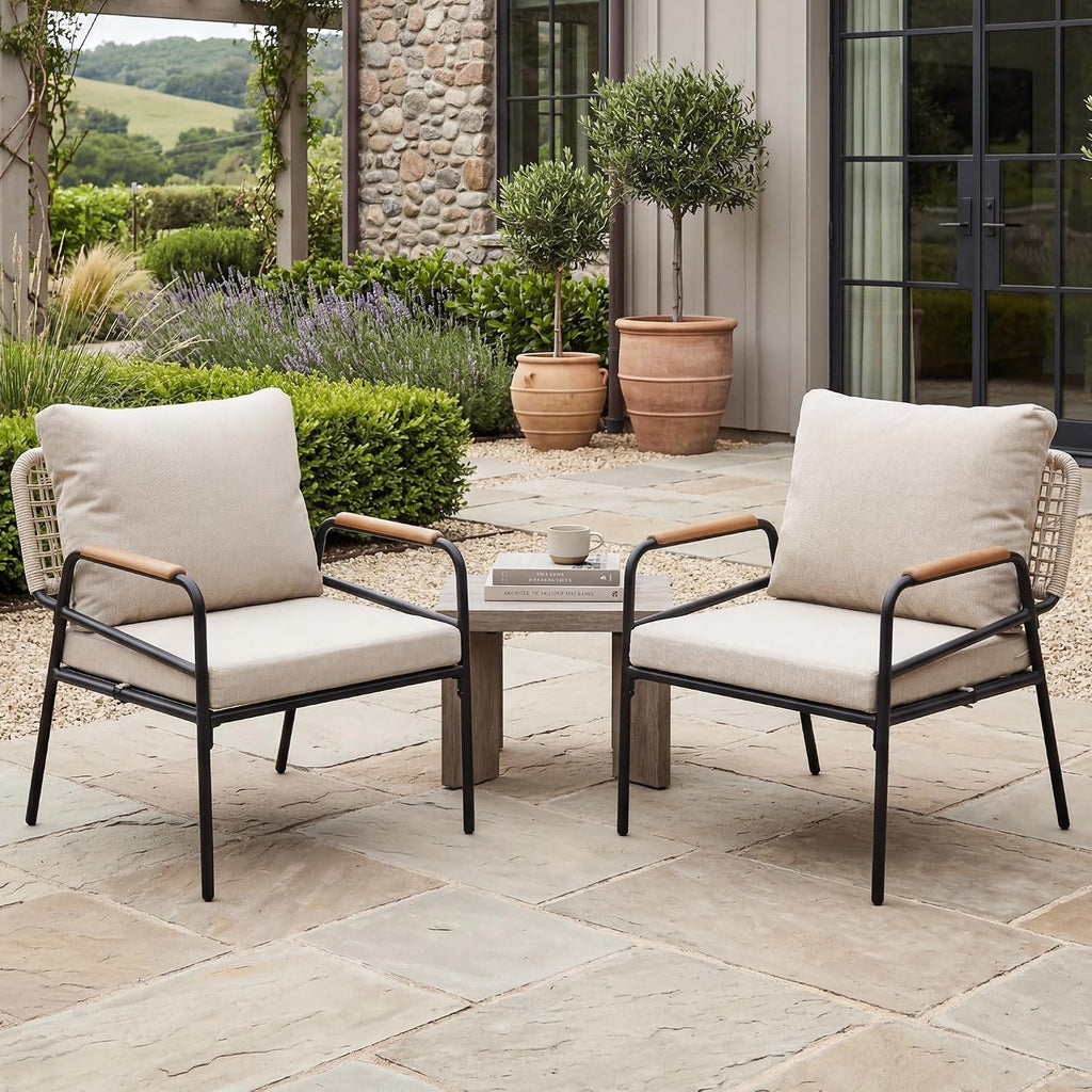 Modern Outdoor Lounge Chairs Set of 2, All-Weather Patio Accent Chairs with Thick Cushions & Durable Metal Frame for Backyard Seating, Balcony, Garden & Outdoor Living, Beige