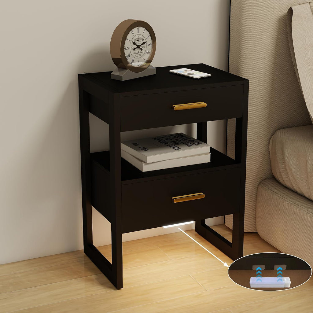 Wooden Nightstands Set of 2 with Motion Sensor Light & Storage Drawer, Modern Bedside Table End Table for Bedroom, Small Spaces, Sturdy Wood Side Table Furniture, Black