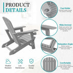 JY QAQA Outdoor Adirondack Chair Set of 2, All-Weather HDPE Patio Furniture with Detachable Table, Wood Texture & Cup Holder for Patio, Poolside, Garden, Light Grey