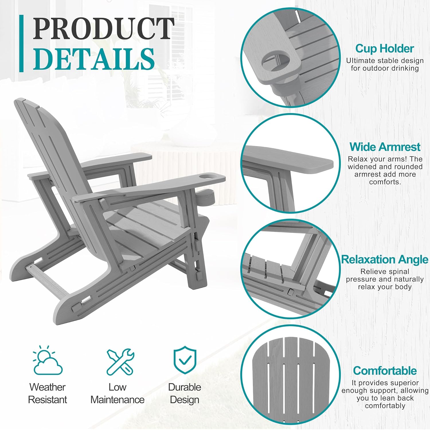 JY QAQA Outdoor Adirondack Chair Set of 2, All-Weather HDPE Patio Furniture with Detachable Table, Wood Texture & Cup Holder for Patio, Poolside, Garden, Light Grey