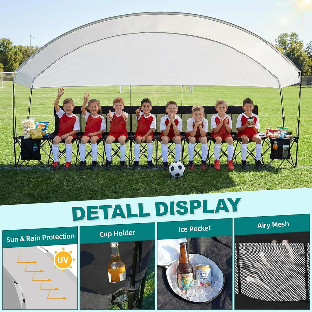 1MORE Soccer Bench with Canopy, Portable Folding Team Bench, 8 Seats Foldable Sideline Benches, Soccer Chair with Bag & Mesh Backrest, Adult Team Chair for Football