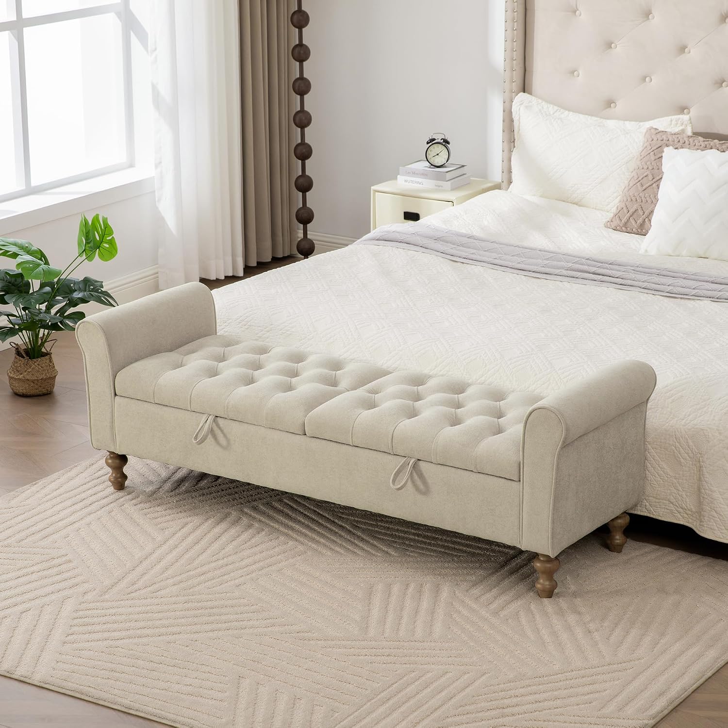 65.7" End of Bed Storage Bench King Size for Bedroom Entryway, Beige | Ottoman with storage for living room, tufted upholstered ottoman bench, wood legs, dual lids, rolled armrest, large capacity