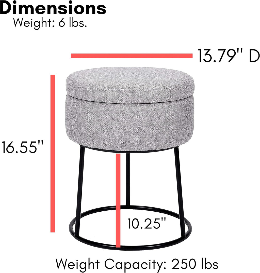 BIRDROCK HOME Grey Linen Storage Stool Ottoman w/Black Metal Leg Base, Soft Compact Padded Seat Footrest, Small Footstool for Living Room Seating, Office, Dorm, Vanity Chair, Bedroom, Couch, Desk
