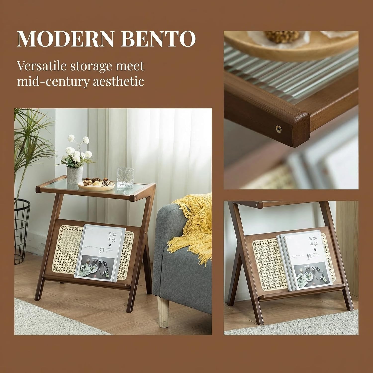 Boho Rattan Side Table, Wooden Accent Table with Magazine Storage Shelf, Mid Century Modern End Table for Living Room Bedroom