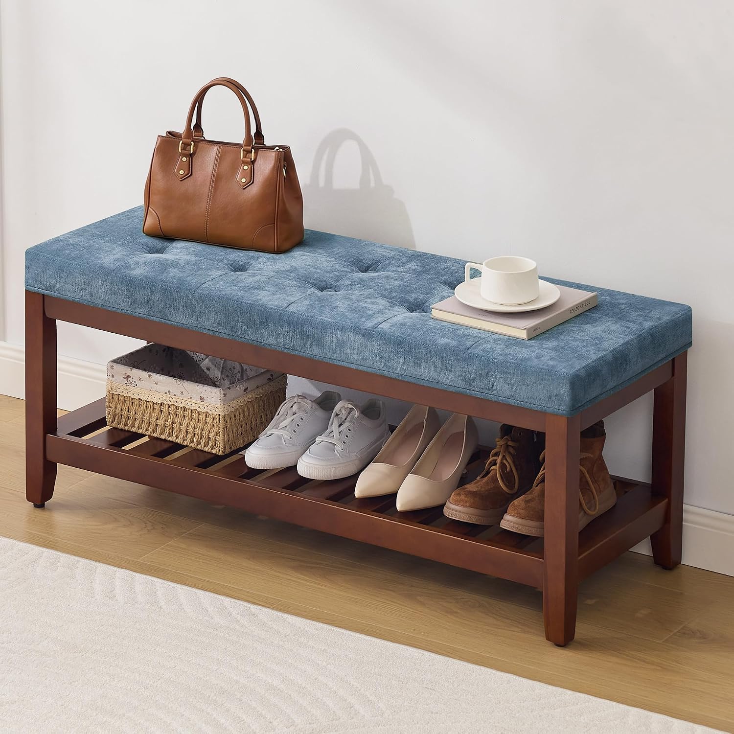 HUBSON 44" Entryway Shoe Bench, Upholstered End of Bed Bench with Solid Wood Shelf, Button Tufted Shoe Bench for Bedroom, Hallway, Living Room, Blue