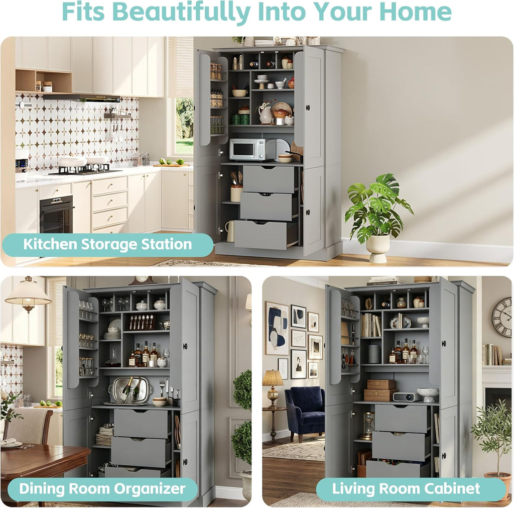Freestanding Kitchen Pantry,Tall Storage Workstation with 4 Doors, 6 Door Shelves, Removable Shelves and 6 Wine Racks for Dining Room (Grey-FK)