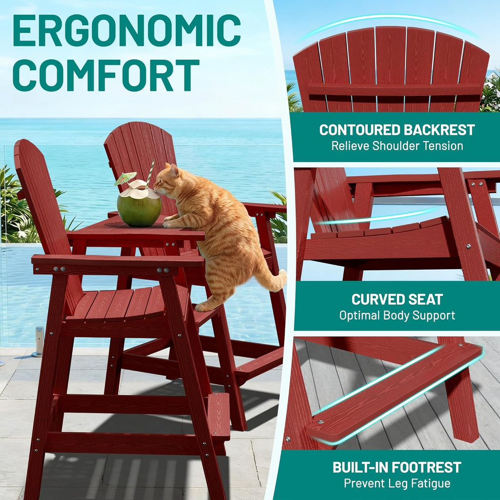 PLUUV Tall Adirondack Chairs Set of 2 with Double Connecting Trays, All Weather HDPE Bar Height Outdoor Chairs, Outdoor Adirondack Barstools with Umbrella Hole for Balcony, Patio, Backyard, Reddish