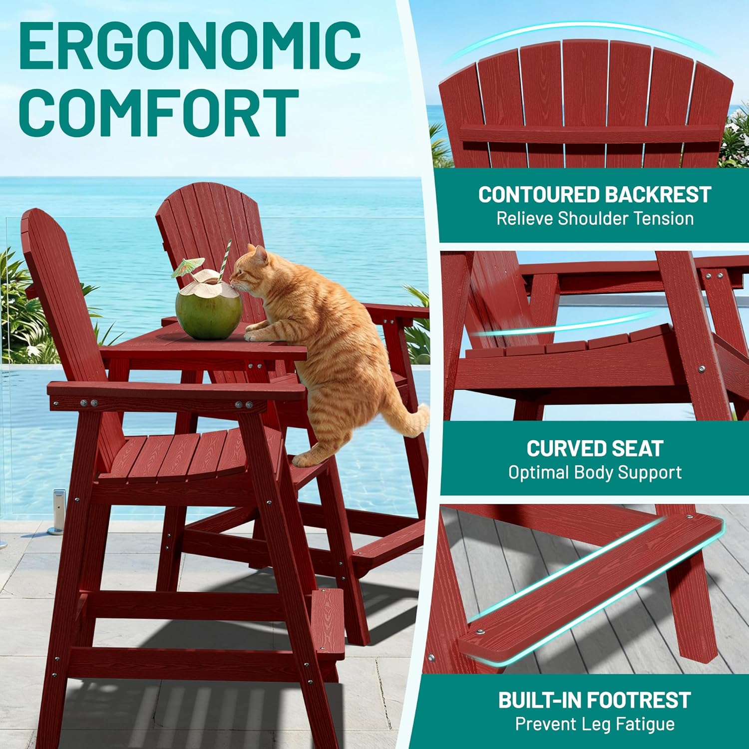 PLUUV Tall Adirondack Chairs Set of 2 with Double Connecting Trays, All Weather HDPE Bar Height Outdoor Chairs, Outdoor Adirondack Barstools with Umbrella Hole for Balcony, Patio, Backyard, Reddish