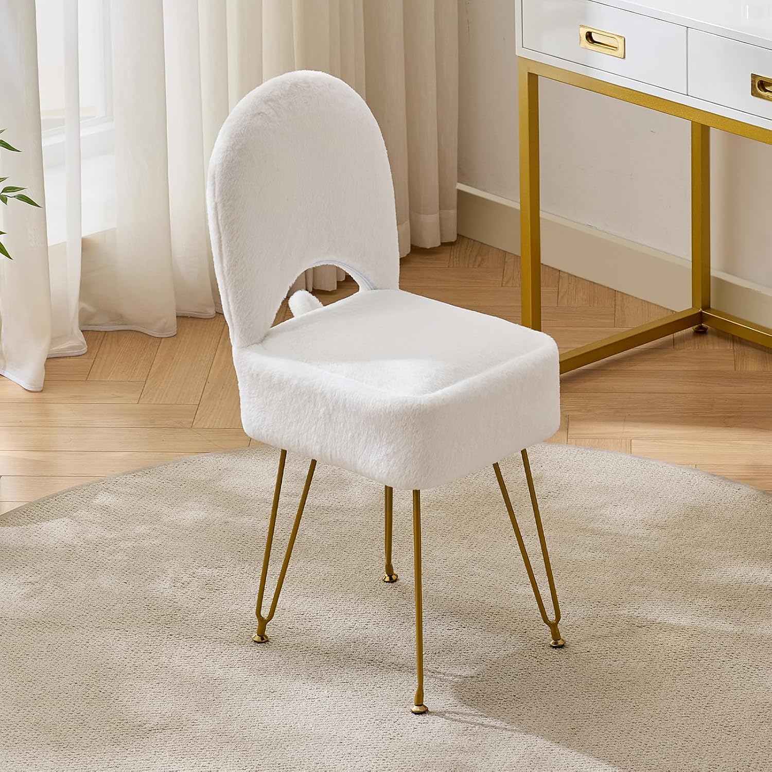 Gitrah White Vanity Chair with Storage, Folding Back Faux Fur Vanity Stool, Makeup Ottoman with Gold Legs for Bedroom/Bathroom