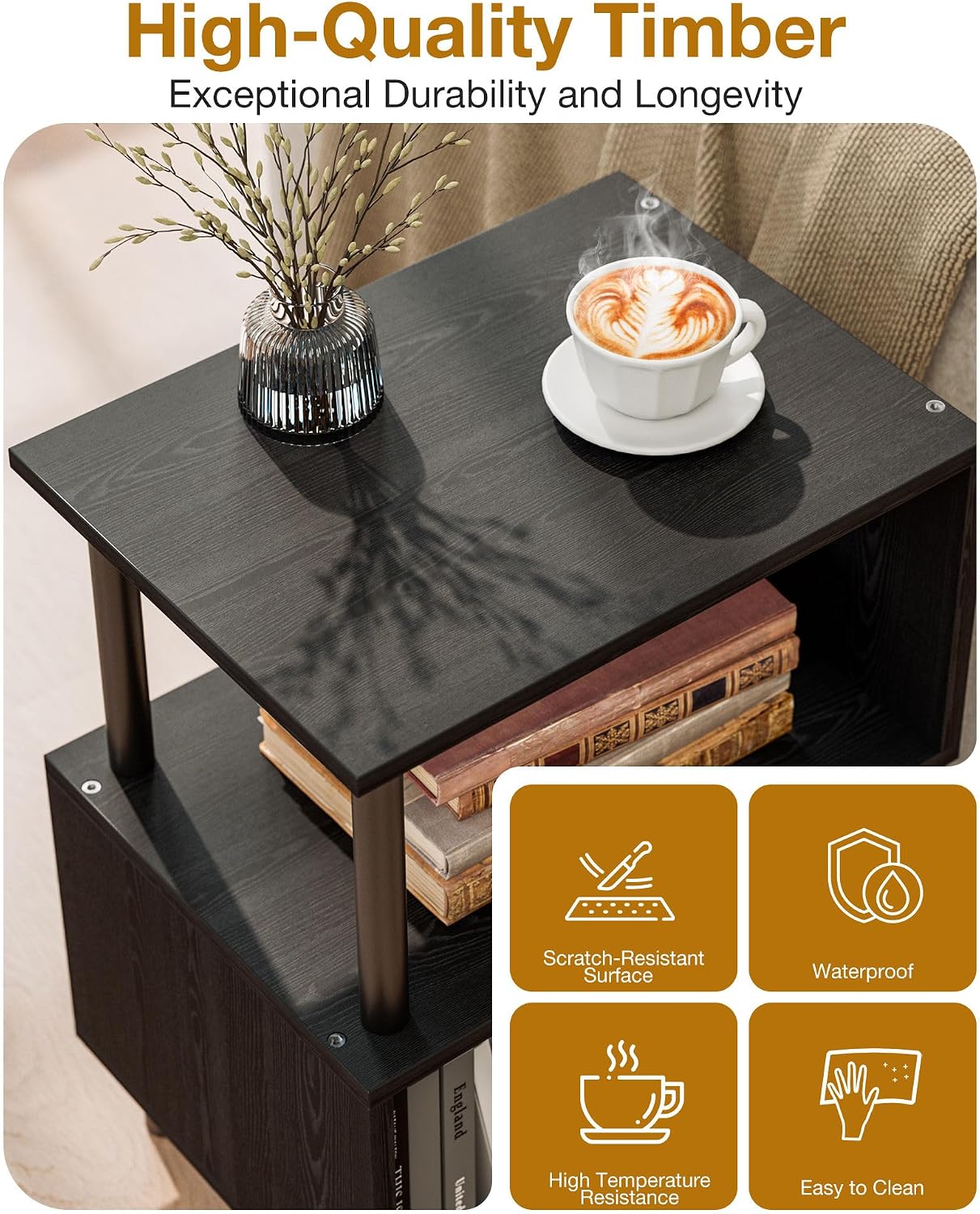 Frylr Small Side Table, End Table and Nightstand with 3-Tier Wood Shelves, Sturdy Metal Frame with 44 LBS Capacity per Shelf, Easy to Assemble for Living Room or Bedroom,Black