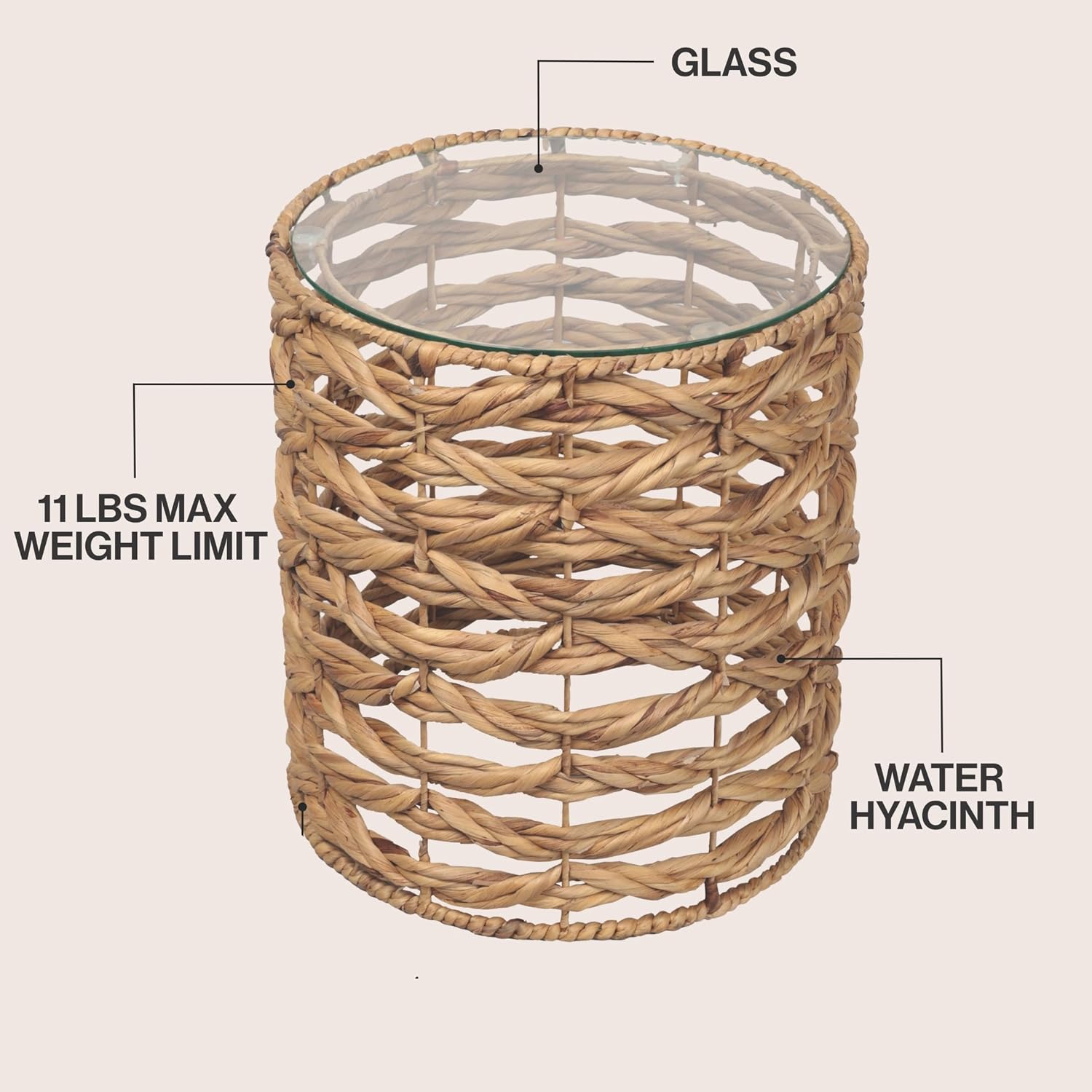 JONATHAN Y Malaya 16" Water Hyacinth Round End Table with Glass Top, Handwoven Wicker Accent Side Table for Living Room, Bohemian Nightstand for Small Spaces, Fully Assembled, Natural TBL2508A