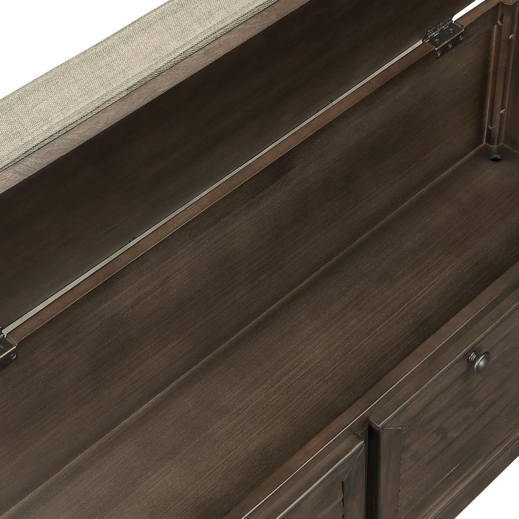 OSP Home Furnishings Dover Coastal Lift-Top Storage Bench with Shutter Face Styling, Dark Walnut Finish with Beige Fabric Cushion