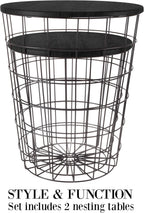 End Tables Set of 2 - Nesting Tables with Removable Wood Tops and Metal Basket Bases for Blanket Storage - Round Side Pieces for Living Room, Bedroom, or Home Office by Lavish Home (Black)