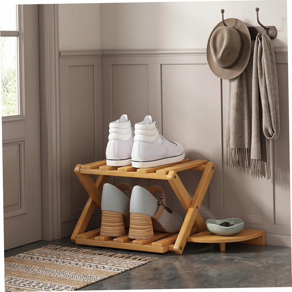 Bamboo Shoe Rack, 2 Tier Foldable Shoe Rack Extendable, Skinny Narrow Organizer for Entryway Closet, Khaki