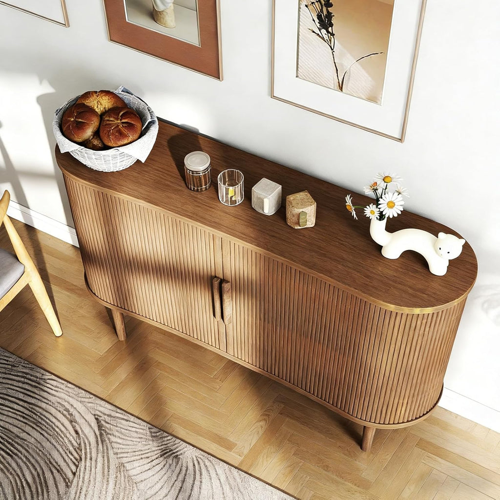 Mid-Century Modern Sideboard Buffet Cabinet, 55" Storage Cabinet with 4 cabinets, Decorative Fluted Sliding Doors for Bedroom Dining Room Small Space, Walnut Finish, Walnut