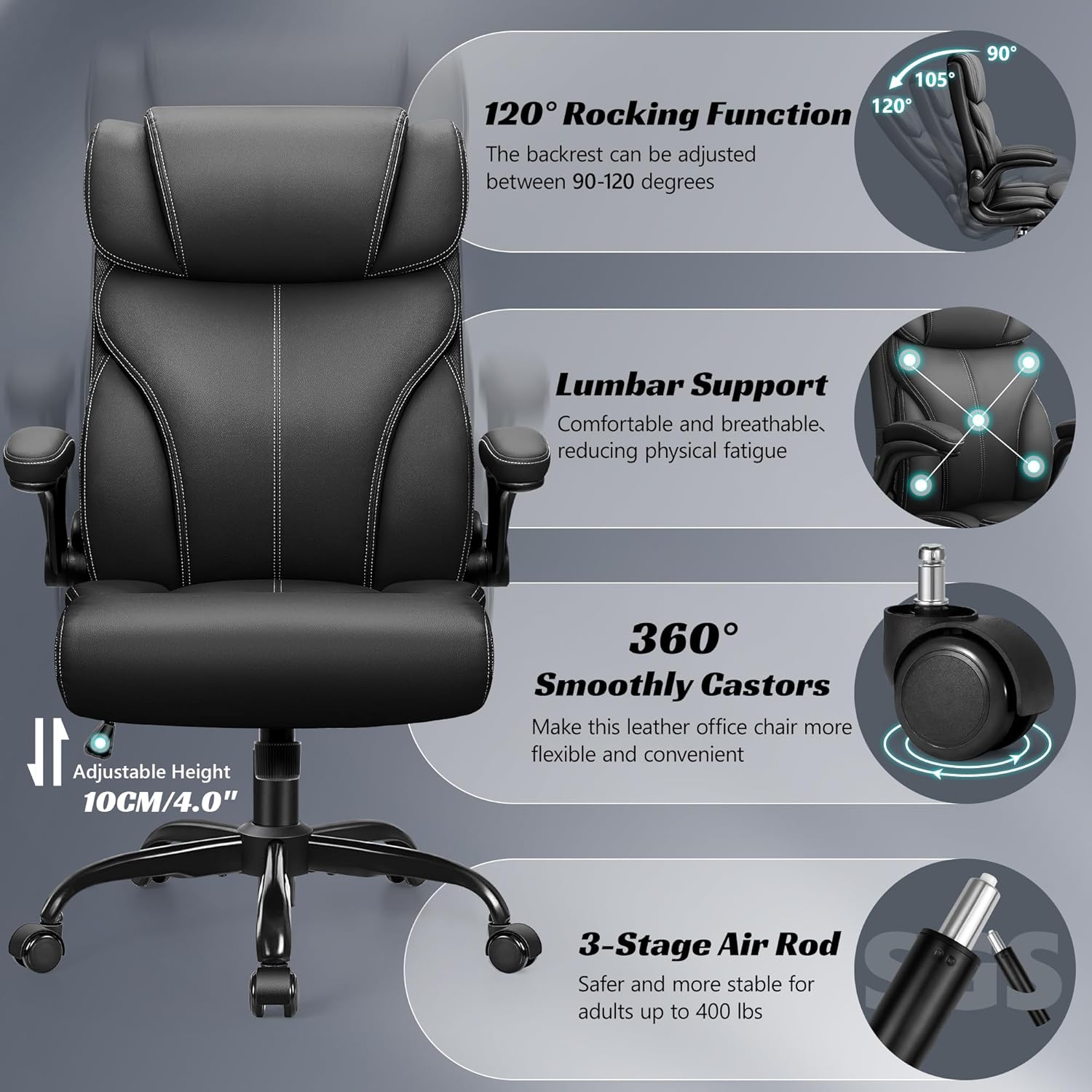 HeroSet Office Chair, Ergonomic Big and Tall Computer Desk Chairs, Executive Breathable Leather Chair with Adjustable Flip-up Armrests, Lumbar Support Swivel PC Chair with Rocking Function,Matte Black