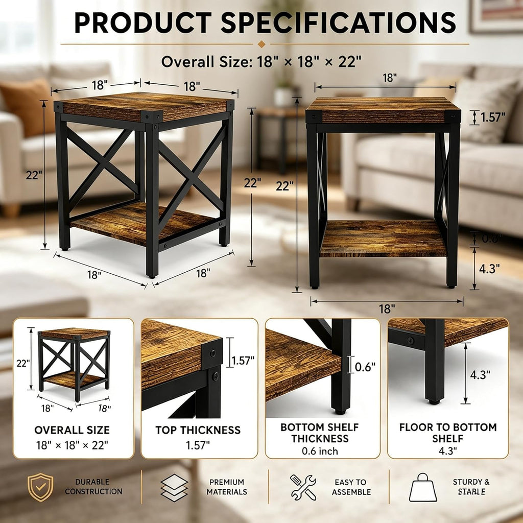 Industrial End Table for Living Room, 18" Large Square Side Table with 2-Tier Storage Shelf, X-Design Metal Frame, Rustic Brown Modern Farmhouse Nightstand Bedside Table for Bedroom Office
