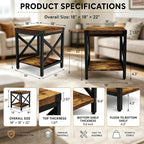 Industrial End Table for Living Room, 18" Large Square Side Table with 2-Tier Storage Shelf, X-Design Metal Frame, Rustic Brown Modern Farmhouse Nightstand Bedside Table for Bedroom Office