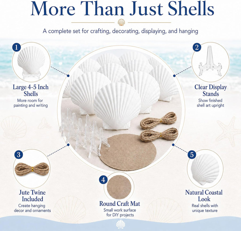 Cizavanta 50 Pack Large Scallop Shells for Crafts, 4-5 Inch Natural White Scallop Shells with 25 Clear Display Stands and Round Craft Mat, Seashells for DIY Painting, Decoupage & Coastal Decor