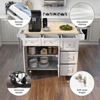 HOMREST 52" Mobil Kitchen Island Cart with Storage, Rolling Island with Drop Leaf and Rubberwood Countertop, Spice Rack, Adjustable Shelves and 5 Drawers, Island Table for Kitchen, White