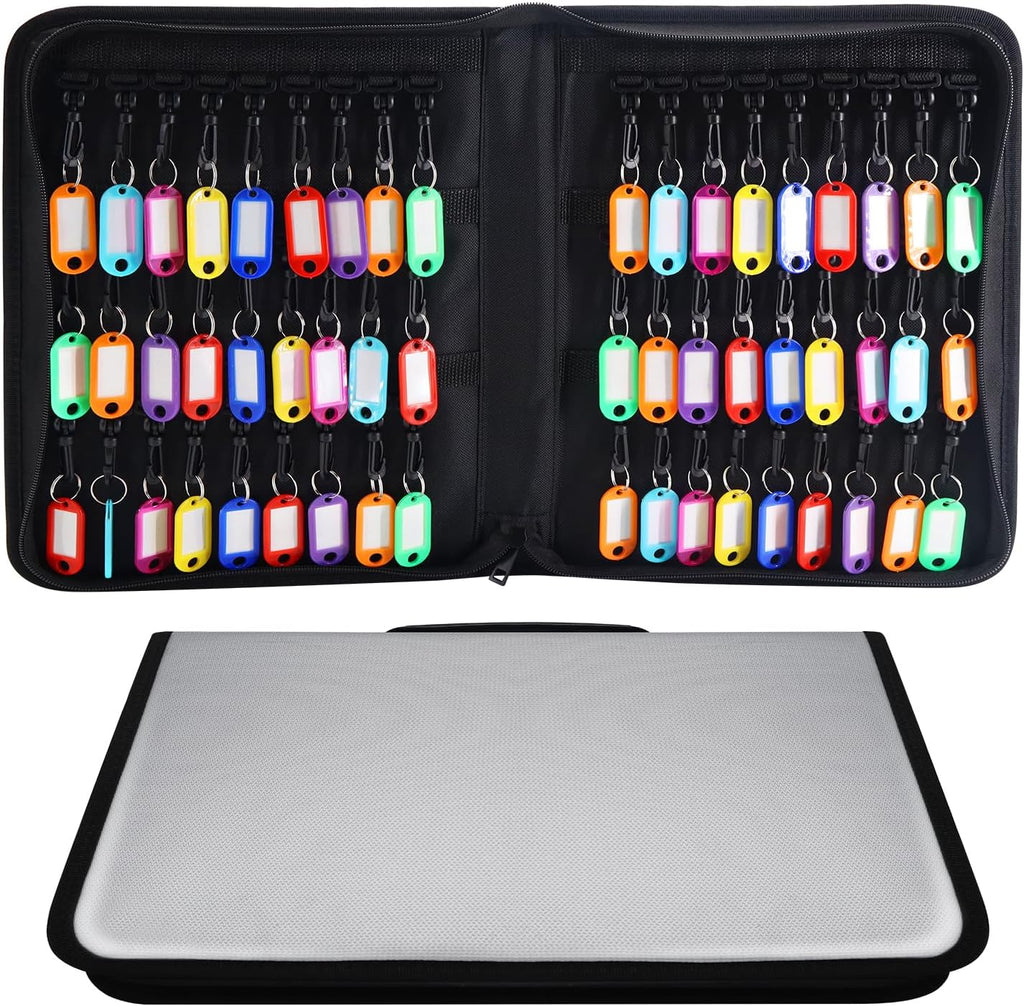 Zippered Case, Portable Organizer With Handle, Waterproof & Fireproof Binder With 54 Hooks and Tags, Key Box for Estate Sales, Hotel Executives, Landlord (Silvery)