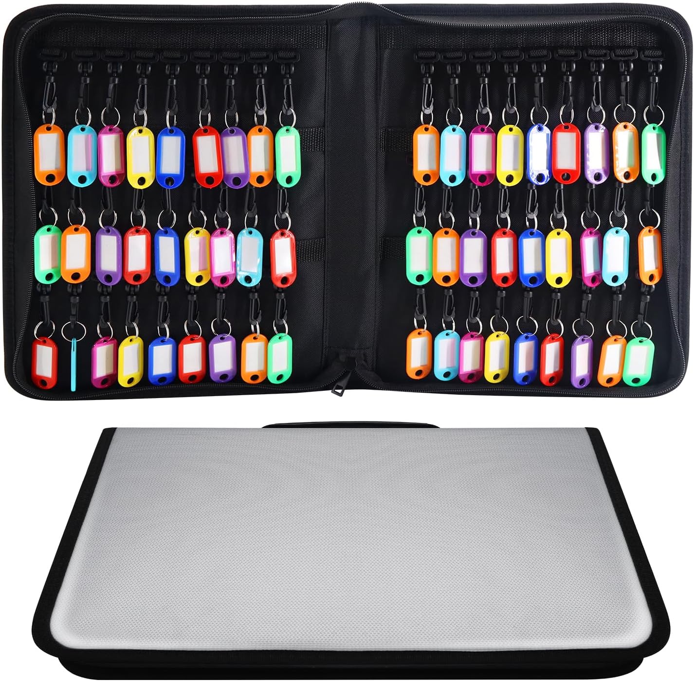 Zippered Case, Portable Organizer With Handle, Waterproof & Fireproof Binder With 54 Hooks and Tags, Key Box for Estate Sales, Hotel Executives, Landlord (Silvery)