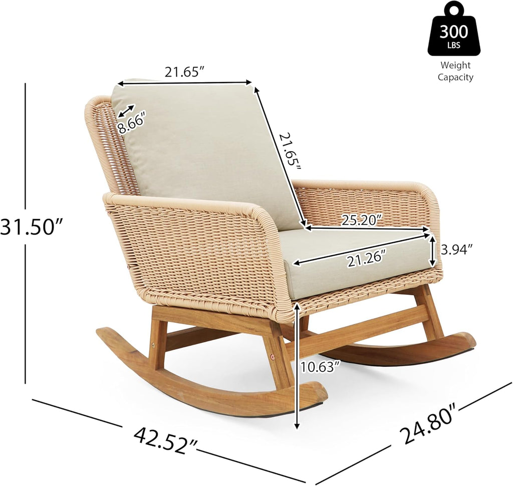 Christopher Knight Home Nadine Patio Rocking Chair, Wicker Rocker, Wood Leg Rocking Chair, PE Rattan Wicker Chair, Rocking Chair with Cushions, Comfort Wicker Rocker for Backyard Balcony Porch, Beige