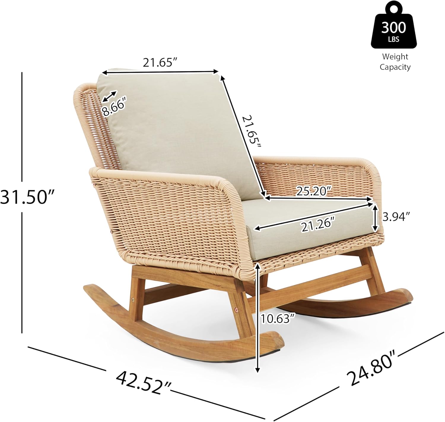 Christopher Knight Home Nadine Patio Rocking Chair, Wicker Rocker, Wood Leg Rocking Chair, PE Rattan Wicker Chair, Rocking Chair with Cushions, Comfort Wicker Rocker for Backyard Balcony Porch, Beige