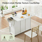 ONBRILL 47" Kitchen Island with 2 Storage Cabinets & 5 Drawers, Mobile Island Table for Kitchen with Imitation Marble Drop Leaf, Rolling Island Cart with Power Outlet & Spice Rack & Towel Rack, White