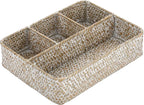 BTSKY Desk Drawer Organizer Tray, Coffee Station Organizer Tea Bag Organizer, Woven Seagrass Storage Basket with 4 Divided Sections Handwoven Wicker Basket for Shelves, Pantry, Coffee Bar (White)