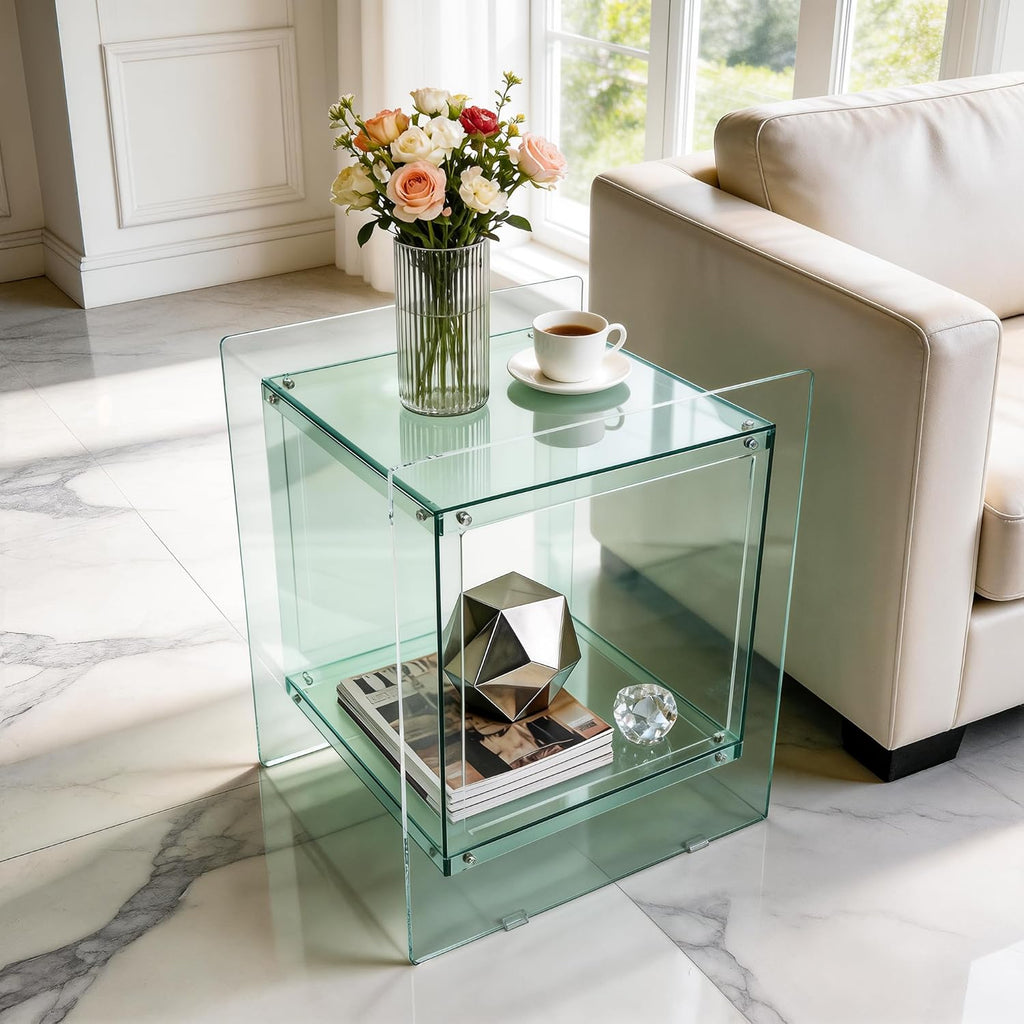 Acrylic End Table Light-Green: 2 Tier Clear Accent Desk Small Nightstand Set