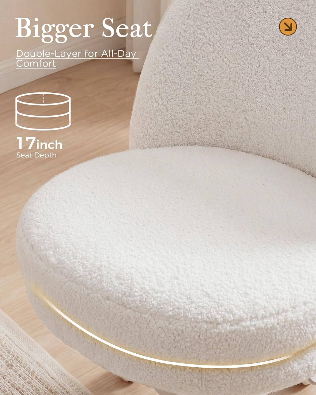 COMHOMA Vanity Chair with Wheels Velvet Tall Office Chair with Back,Armless Desk Chair Comfy Height Adjustable, Soft Lumbar Support for Girls Bedroom Home Vanity Bow Pillow for Gift,White