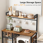 HOOBRO Bakers Rack with Power Outlet, 35.4 Inches Coffee Bar with Mesh Basket, Microwave Stand with 4 S-Shaped Hooks, Kitchen Bakers Rack with Storage, Easy to Assemble, Rustic Brown BF05HB01