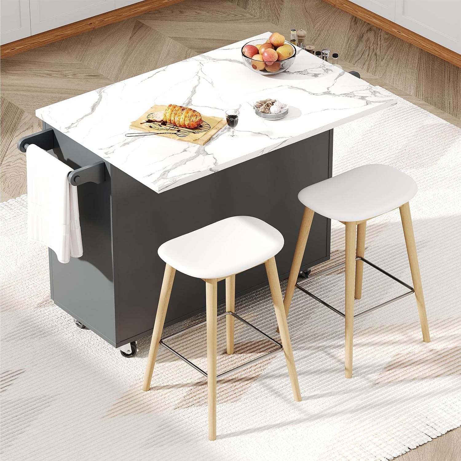 4 EVER WINNER Kitchen Island on Wheels with Storage and Drop Leaf, Faux Marble Texture Tabletop, 43" Kitchen Island Cart with Towel Rack & Spice Rack, Rolling Islands Cart for Kitchen, Gray